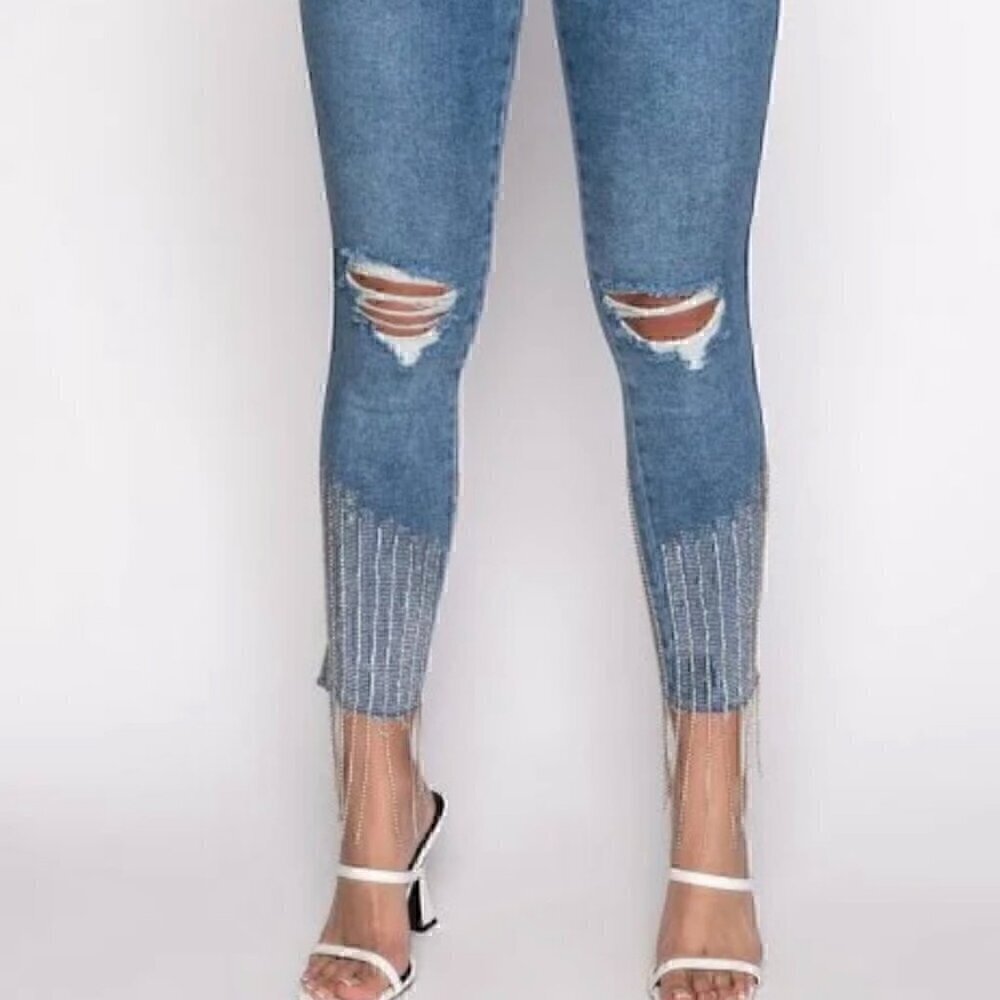 EUC - AKIRA Label Too Good High Waisted Rhinestone Fringe Skinny Jeans - Size 13 - Picture 3 of 15